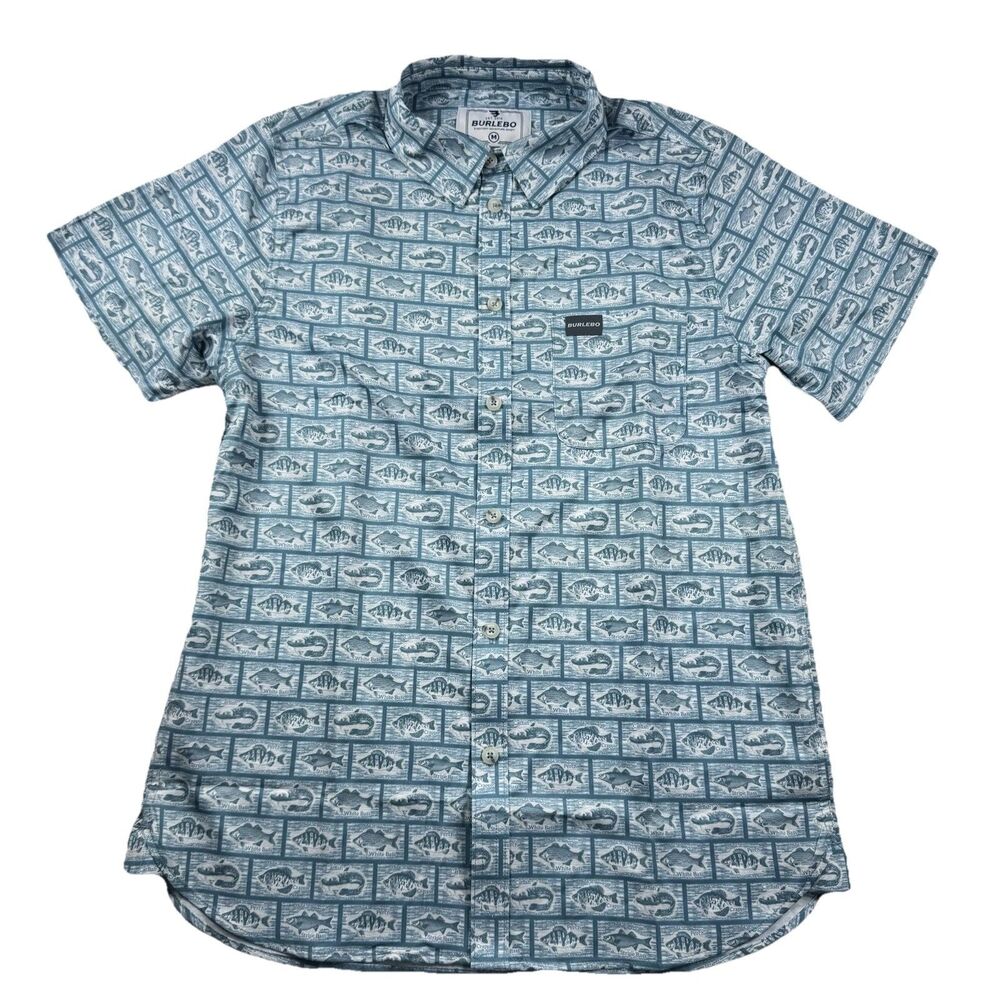 Burlebo Performance Button Up Shirt Short Sleeve Men's M AOP Fish Species Bass
